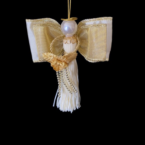 Set of 8 Gold White Pearls, Tassels, Crochet, Angel, Vintage Christmas Ornaments - Picture 9 of 9